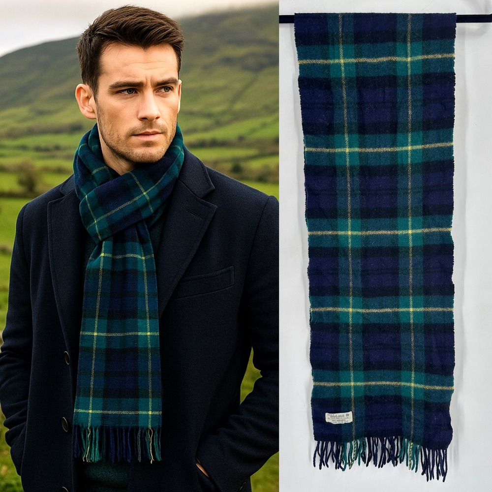 Vintage Ireland lambswool Winter Scarf Tartan Plaid Blue Green Yellow‎ Men